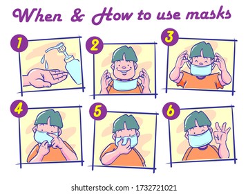How to use masks correct. Man presenting the correct method of wearing a mask,To reduce the spread of germs, viruses and bacteria. Vector drawing  illustration.
