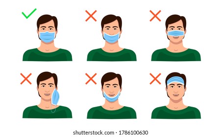How to use a medical mask correctly and wrong. Instructions with a male character.