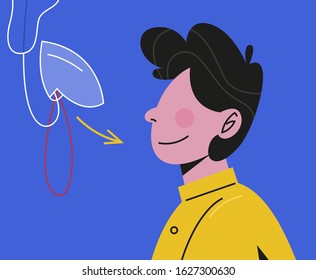 How To Use Oxygen Mask On The Plane In Emergency Case. Flight Instruction. Passenger Showing Process Of Breathing Mask Usage. Isolated Illustration In Cartoon Style