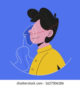 How To Use Oxygen Mask On The Plane In Emergency Case. Flight Instruction. Passenger Showing Process Of Breathing Mask Usage. Isolated Illustration In Cartoon Style