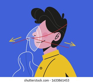 How to use oxygen mask on the plane in emergency case. Flight instruction. Passenger showing process of breathing mask usage. Isolated illustration in cartoon style