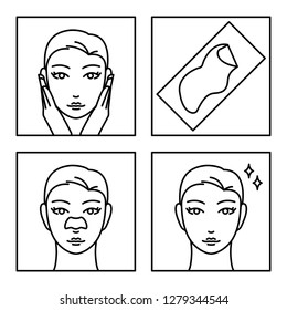 How to use pore strip (nose patch) to remove blackheads. 4 vector icons.