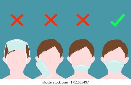 How to use a protective mask correctly. Coronavirus or covid-19 prevention advice info to public. Personal hygiene. Wear a mask concept. Illustration vector.