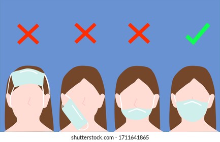 How to use protective mask correctly. Coronavirus or covid-19 prevention advice info for public. Personal hygiene. Wear a mask concept. Illustration vector.