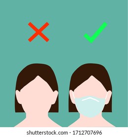 How to use a protective mask correctly. Coronavirus or covid-19 prevention advice info to public. Personal hygiene. Wear a mask concept. Illustration vector.