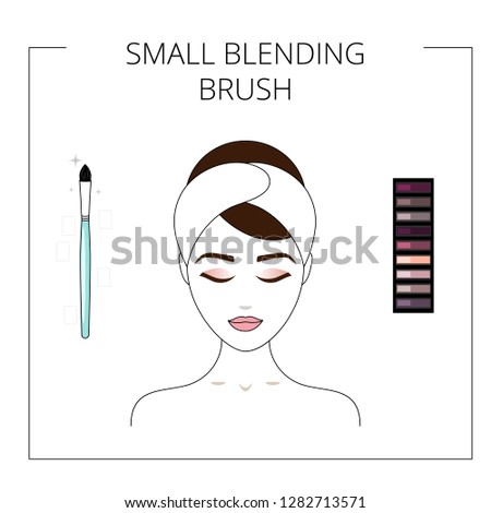 How to use small blending  brush,  eyeshadow palette. Beautiful young girl. Line style vector illustration isolated on white background.