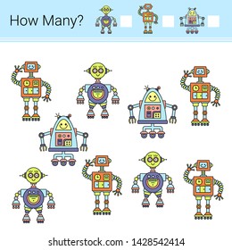 How many? Vector illustration of counting game. Robots.