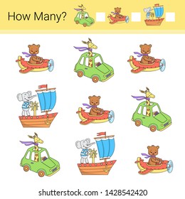 How many? Vector illustration of counting game. Transport.