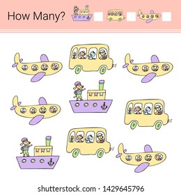 How many? Vector illustration of counting game. Transport.