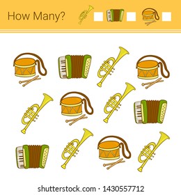 How many? Vector illustration of counting game. Musical instruments.