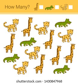 How many? Vector illustration of counting game. Count how many animals