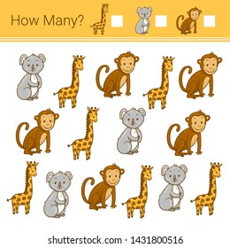 How many? Vector illustration of counting game. Count how many animals?