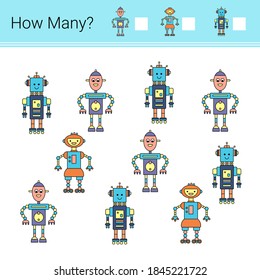 How many? Vector illustration of counting game. Robots.