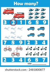 How many? Vehicles. Printable worksheet. Educational game for children, kids preschool age. Mathematics task. Learning mathematics, numbers.Tasks for addition.Preschool Counting Activities.