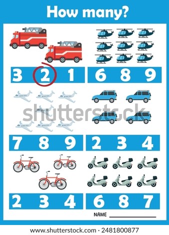 How many? Vehicles. Printable worksheet. Educational game for children, kids preschool age. Mathematics task. Learning mathematics, numbers.Tasks for addition.Preschool Counting Activities.