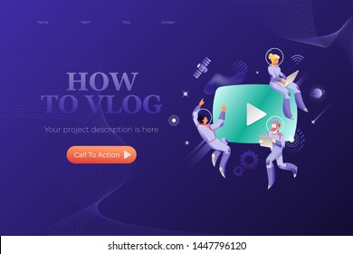 How to vlog web page banner template. Vector design of website page with video player icon surrounded by developers in spacesuits.