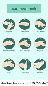 How to wash hand with soap. Instruction of washing hand steps. Washing hands guidance. Infographic of healthcare. Illustrator picture.