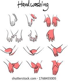 Wie waschen Sie die Hände Schritt für Schritt Anweisungen und Richtlinien mit roter Vektorgrafik-Skizze doodle handgezeichnet mit schwarzen Linien einzeln auf weißem Hintergrund