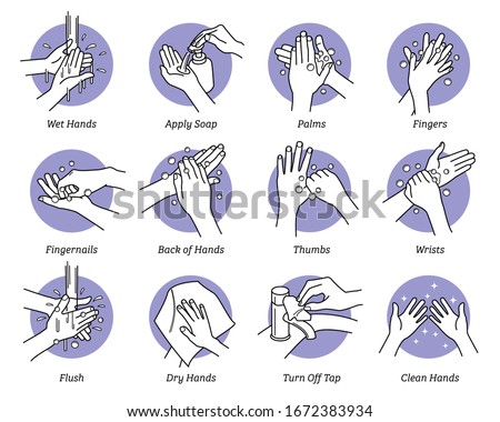 How to wash hands step by step instructions and guidelines. Vector illustrations of hand washing with water soap on palms, fingers, fingernails, back, thumbs and wrists. Flush, dry hands, clean hands.