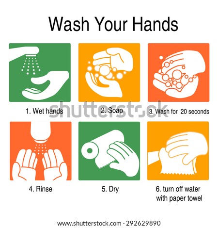 How to wash your hands to avoid germs and other bad viruses. on orange and green style  