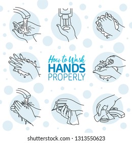 How to wash your hands properly. Vector illustration of Handwashing. Hands soaping and rinsing