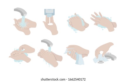 How to wash your hands properly. Vector illustration of Handwashing. Hands soaping and rinsing