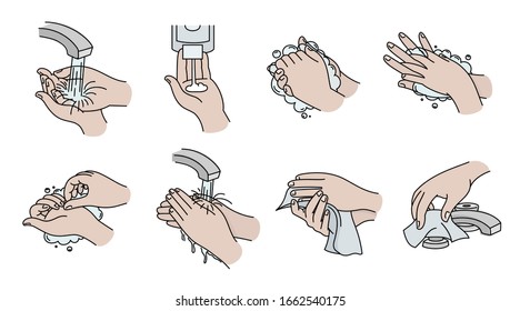 How to wash your hands properly. Vector illustration of Handwashing. Hands soaping and rinsing