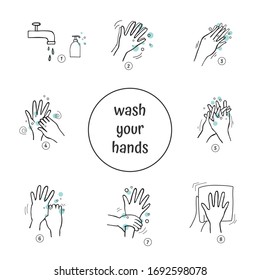 How to wash your hands properly. Vector illustration of handwashing.  Prevent virus. Flat design, vector.