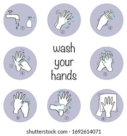 How to wash your hands properly. Purple background. Vector illustration of handwashing.  Prevent virus. Flat design, vector.