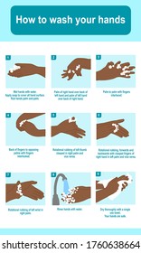 How to wash your hands properly step by step. Personal hygiene infographic. Prevention virus and bacteria. Illustration vector. Avoid infection procedure. Color hands concept.