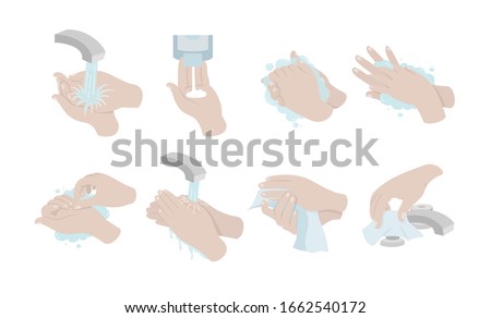 How to wash your hands properly. Vector illustration of Handwashing. Hands soaping and rinsing