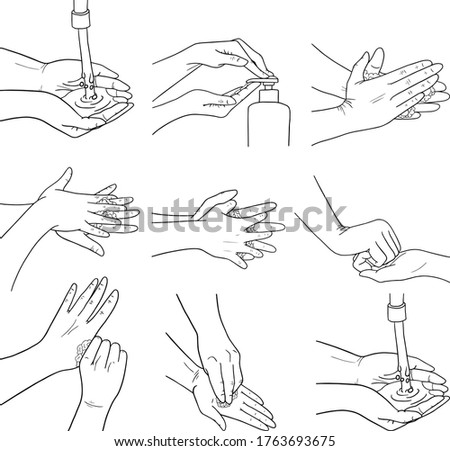How to wash your hands properly. Vector illustration of Handwashing. Hands soaping and rinsing
