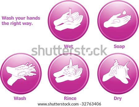 How to wash your hands the right way to avoid germs and other bad viruses. Vector icons, radial gradients used.