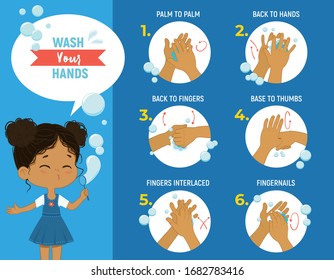 How to wash your hands Step Poster Infographic illustration. Poster with African girl shows how to wash hands properly