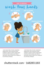 How to wash your hands Step Info Graphic. Illustration of a african american girl washing her hands on a white background. Step Poster illustration.