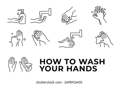 How to wash your hands step by step. Steps To Hand Washing For Prevent Illness And Hygiene, Keep Your Healthy, Sanitary, Infection.  Icons as Washing Instruction, Antiseptic, Soap.