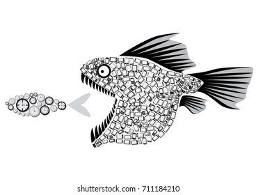 'How to waste your time' represented by compound mobile phone big fish eat compound clock small fish. Vector illustrator