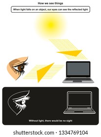 How we see things infographic diagram with example of human eye that see laptop after reflecting sun light from its surface for physics science education