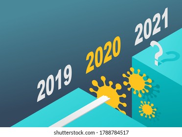 How we survive in 2021 after COVID-19 pandemic - isometric timeline with abyss under 2020 year - creative motivational poster or banner