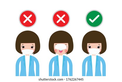 How to wear the correct face masks and the wrong, three women showing how to wearing protective mask correctly. new normal lifestyle to prevent the spread of the coronavirus and Covid-19 disease