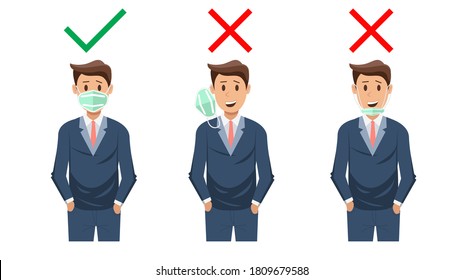 How to wear the correct facemasks and the wrong , Businessman Shows how to wear a face mask correctly. In order to prevent the spread of the coronavirus and Covid-19 disease. vector illustration.