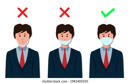 How to wear the correct facemasks and the wrong , 
Businessman Shows how to wear a face mask correctly. In order to prevent the spread of the coronavirus and Covid-19 disease. vector illustration.