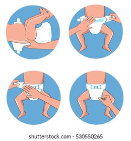 How to wear a diaper steps. Simple manual in illustrations for diapers packs or other information.