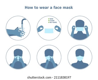 Cómo usar una máscara facial. 6 iconos. El hombre muestra una máscara facial correcta usando paso a paso. Instrucción para carteles y pancartas sobre la salud.