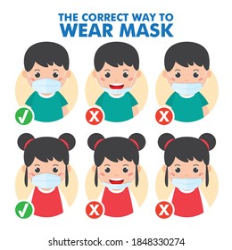 How to wear a face mask correctly illustration, cute boy and girl presenting the correct method of wearing a mask for prevent virus Covid-19. 