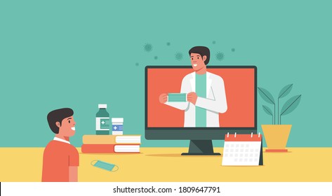 how to wear face mask online lesson, online education concept, distance learning from home, teacher connecting to student via video call on computer, flat vector illustration