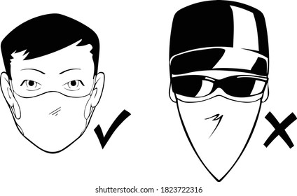 How to wear a face mask the right way, signs. This pair of right and wrong symbols encourage people to not mask their faces like a bank robber, or gang member. Don't wear shades, bandanas or hats.