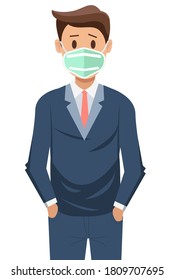 How to wear a facemask correct. Businessman presenting the correct method of wearing a mask, to reduce the spread of germs, viruses and bacteria.Stop the infection instructions vector illustration