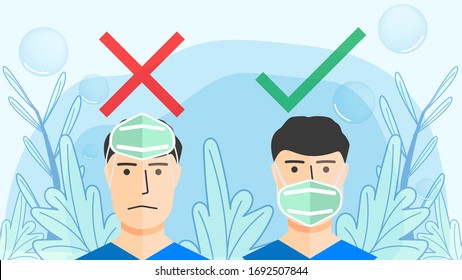 How to wear a facemask correct. Man presenting the correct method of wearing a facemask, to reduce the spread of germs, viruses and bacteria.Stop the infection instructions vector illustration