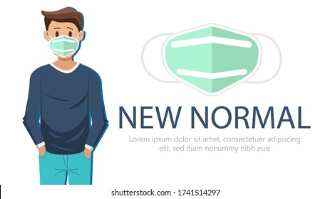 How to wear a facemask correct. Man presenting the correct method of wearing a mask, to reduce the spread of germs, NEW NORMAL CONCEPT